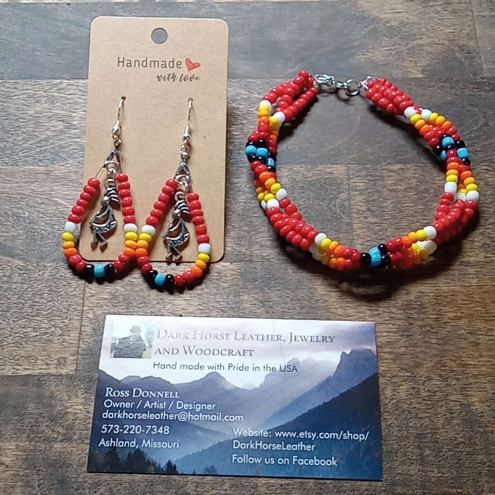 Southwestern Beaded Dangle Earrings with Kokopelli Charms and matching bracelet.